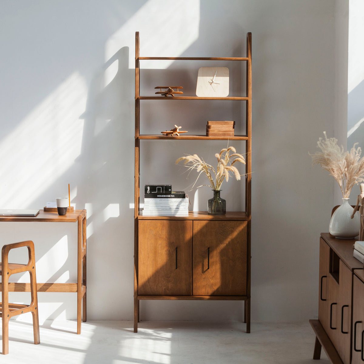 Walnut-mid-century-modern-bookcase-with-cabinet