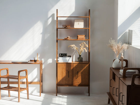 Walnut-mid-century-modern-bookcase-with-cabinet