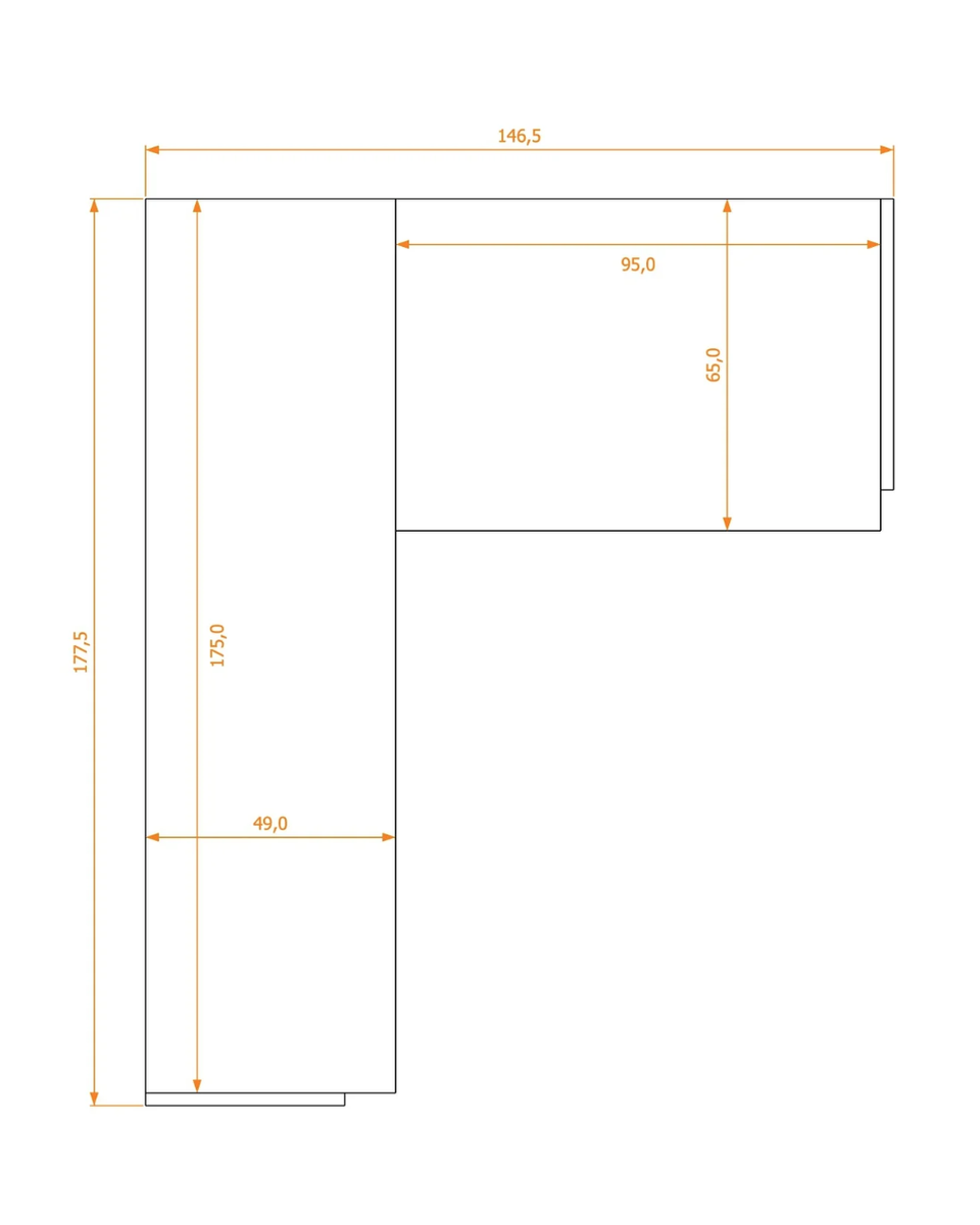 Scrivania angolare a L · 2 cassetti + 2 ripiani · 49/65