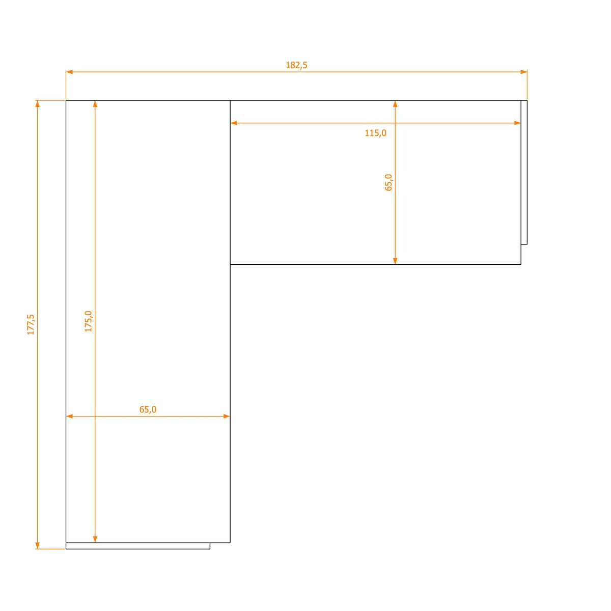 L-Shape Desk 65/65 · footprint 182.5 cm
