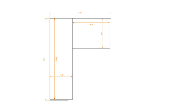 L-Shape Desk 49/65 · footprint 131.5 cm