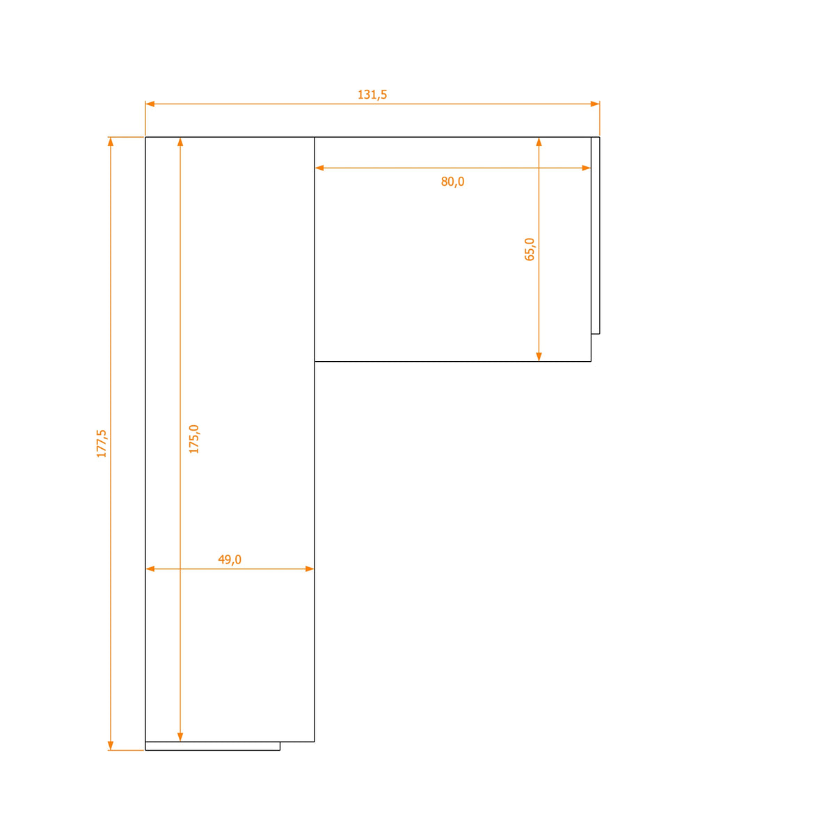 L-Shape Desk 49/65 · footprint 131.5 cm