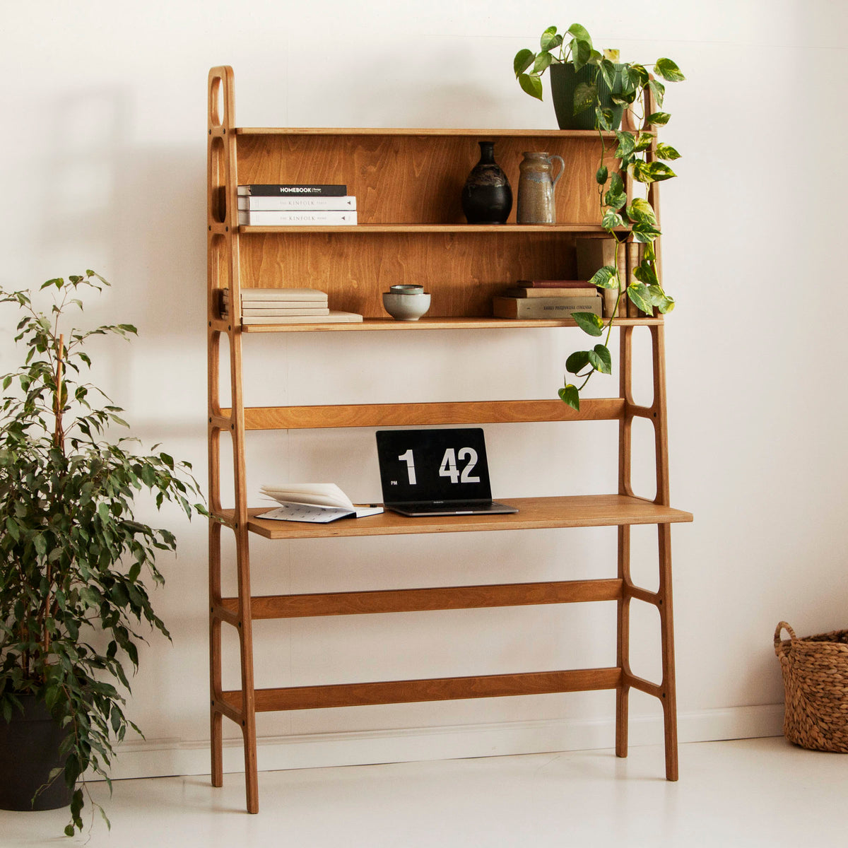 Mid-Century Desk with Shelves, Maxi, 190 cm, in walnut birch plywood