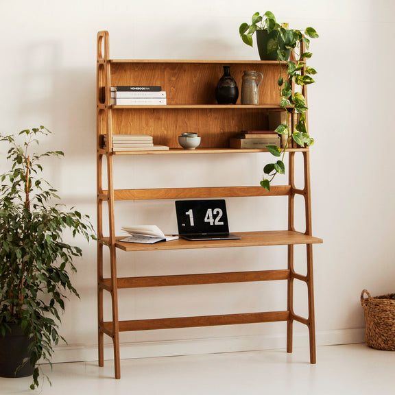 Mid-Century Desk with Shelves, Maxi, 190 cm, in walnut birch plywood