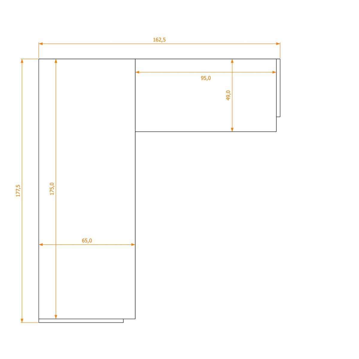 L-Shape Desk 65/49 · footprint 162.5 cm