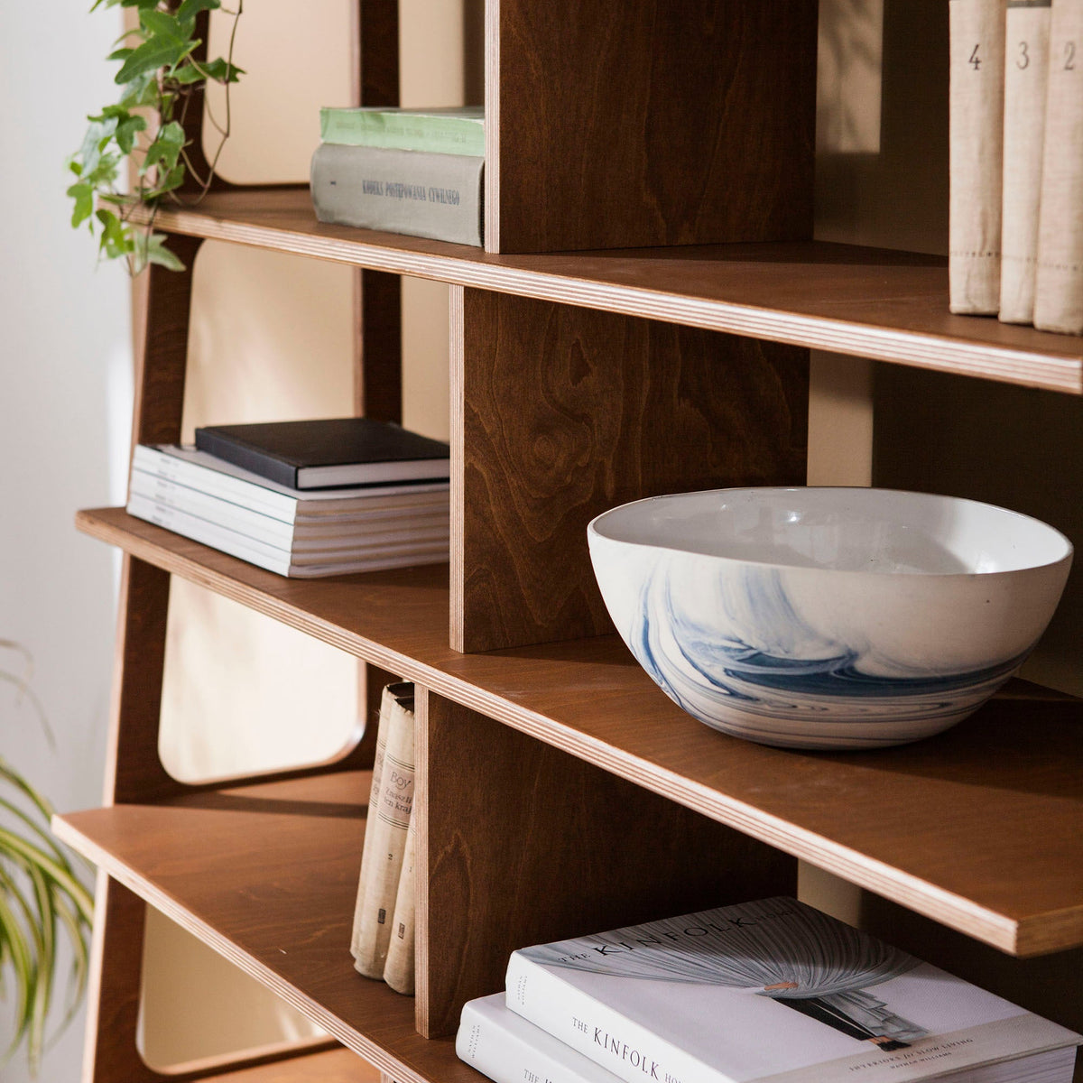 detail-of-walnut-ladder-bookcase-with-cabinet-and-vinyl-record-storage