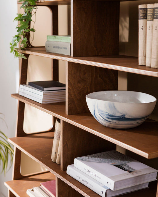 detail-of-walnut-ladder-bookcase-with-cabinet-and-vinyl-record-storage