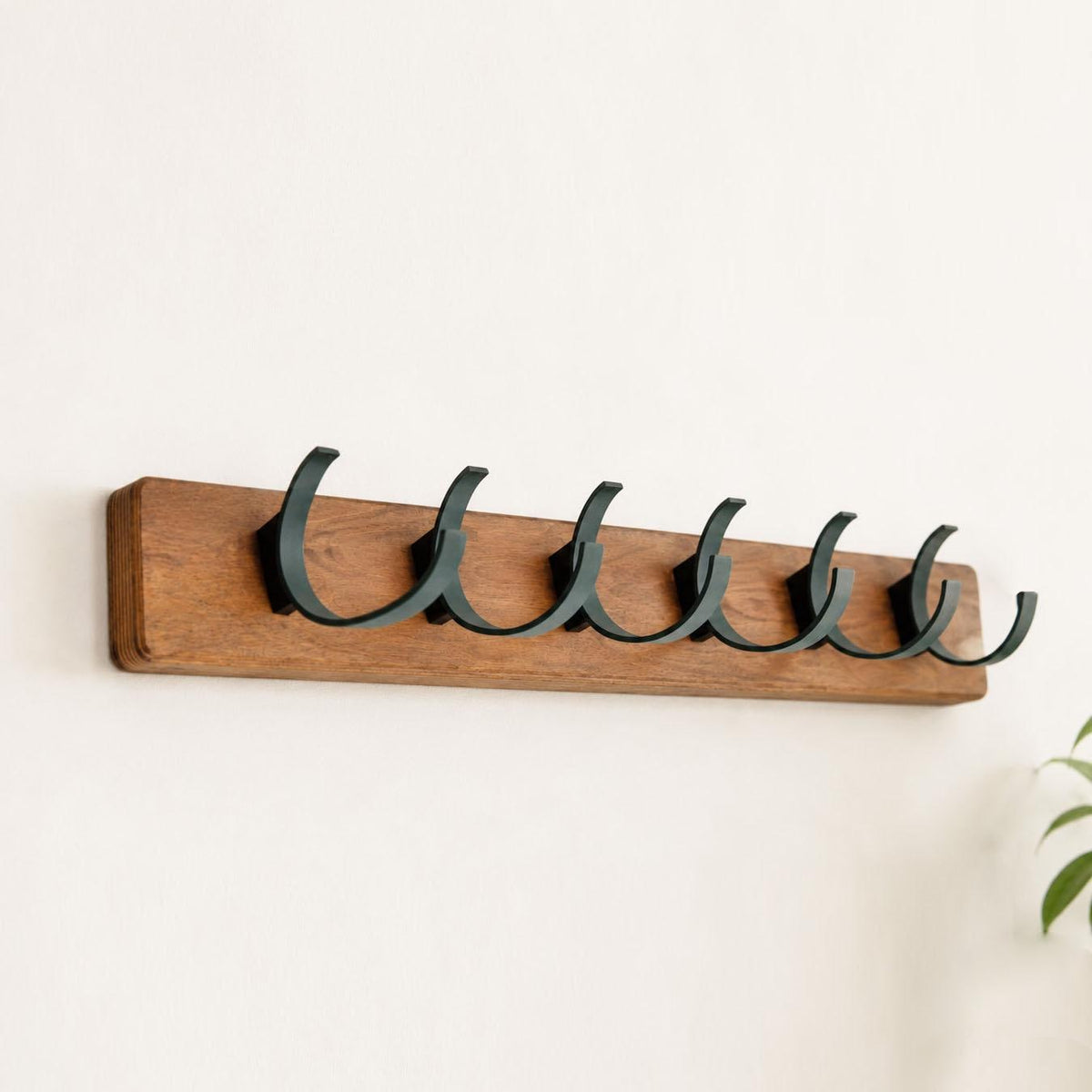Wall coat rack in birch plywood with six metal round hooks