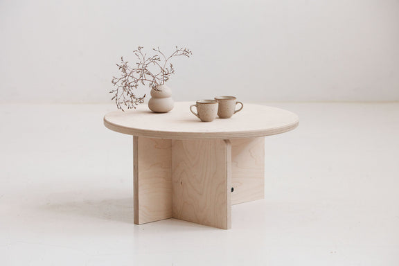 japandi round coffee table Europe in walnut, teak or natural birch finish