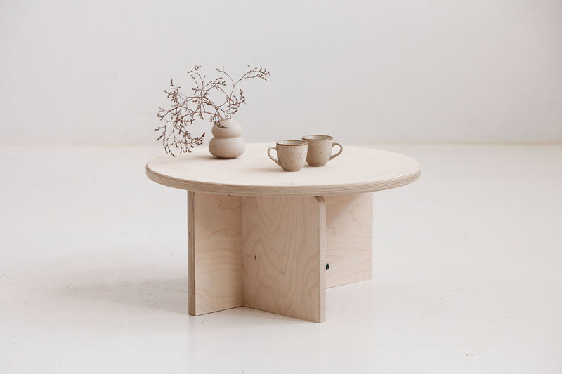 japandi round coffee table Europe in walnut, teak or natural birch finish