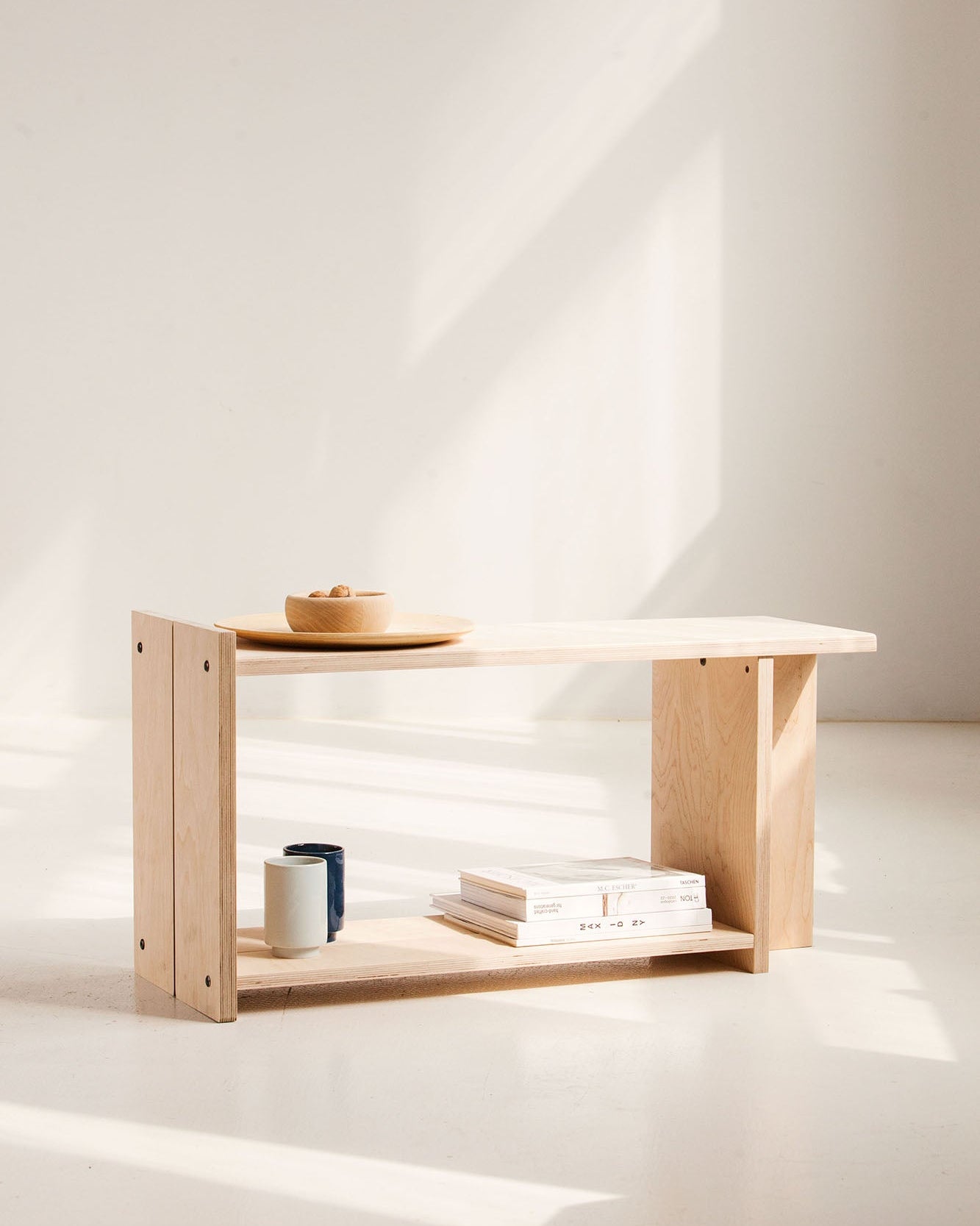 Japandi entryway bench – Minimalist birch plywood shoe bench with