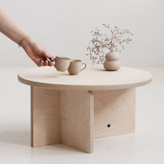 Japandi round coffee table handmade in Europe from birch plywood with natural oil-wax finish