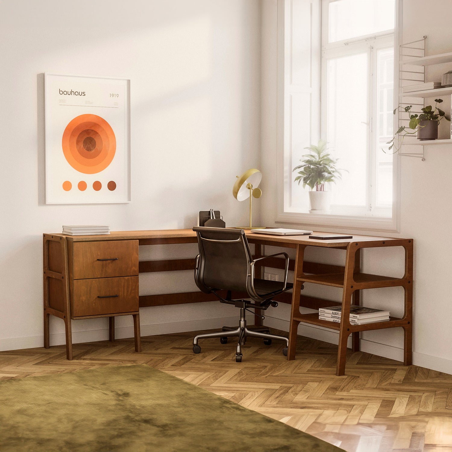 Mid-Century L-Shape Desk, 2 Drawers & 2 Shelves, 49/65, in walnut birch plywood (view 2)