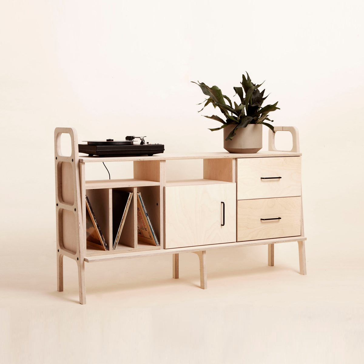 Enfilade mid-century · Vinyle, niche ouverte & tiroir · 143 cm