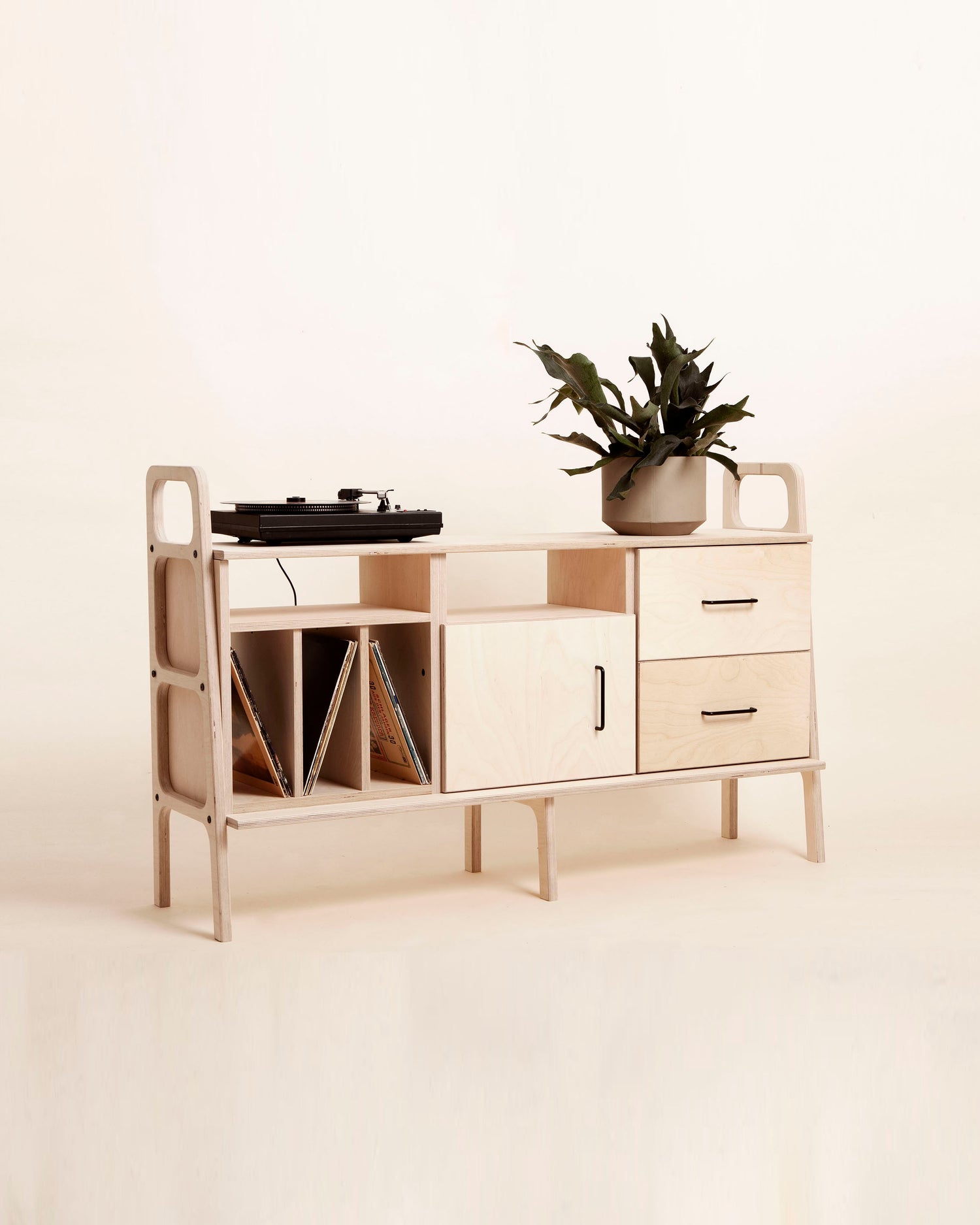 Enfilade mid-century · Vinyle, niche ouverte & tiroir · 143 cm