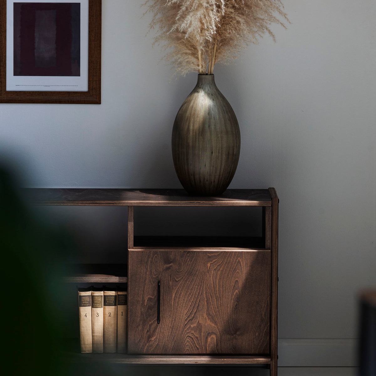 Mid-century TV stand and media console with two cupboards and open shelves in dark wood finish