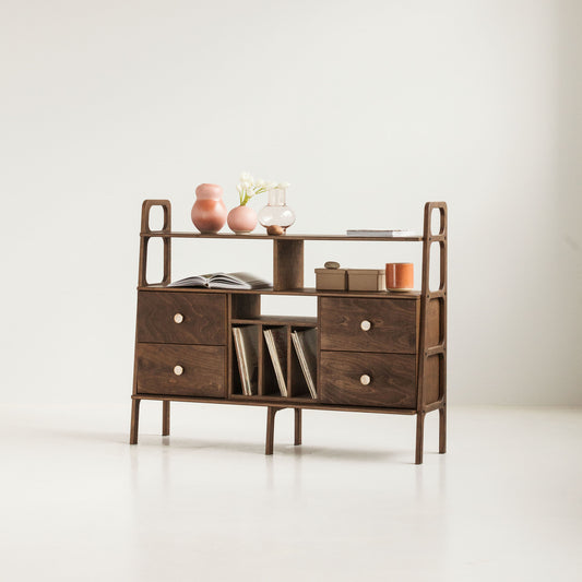 mid-century-modern-sideboard-with-drawers-and-vinyl-storage-in-walnut-stain