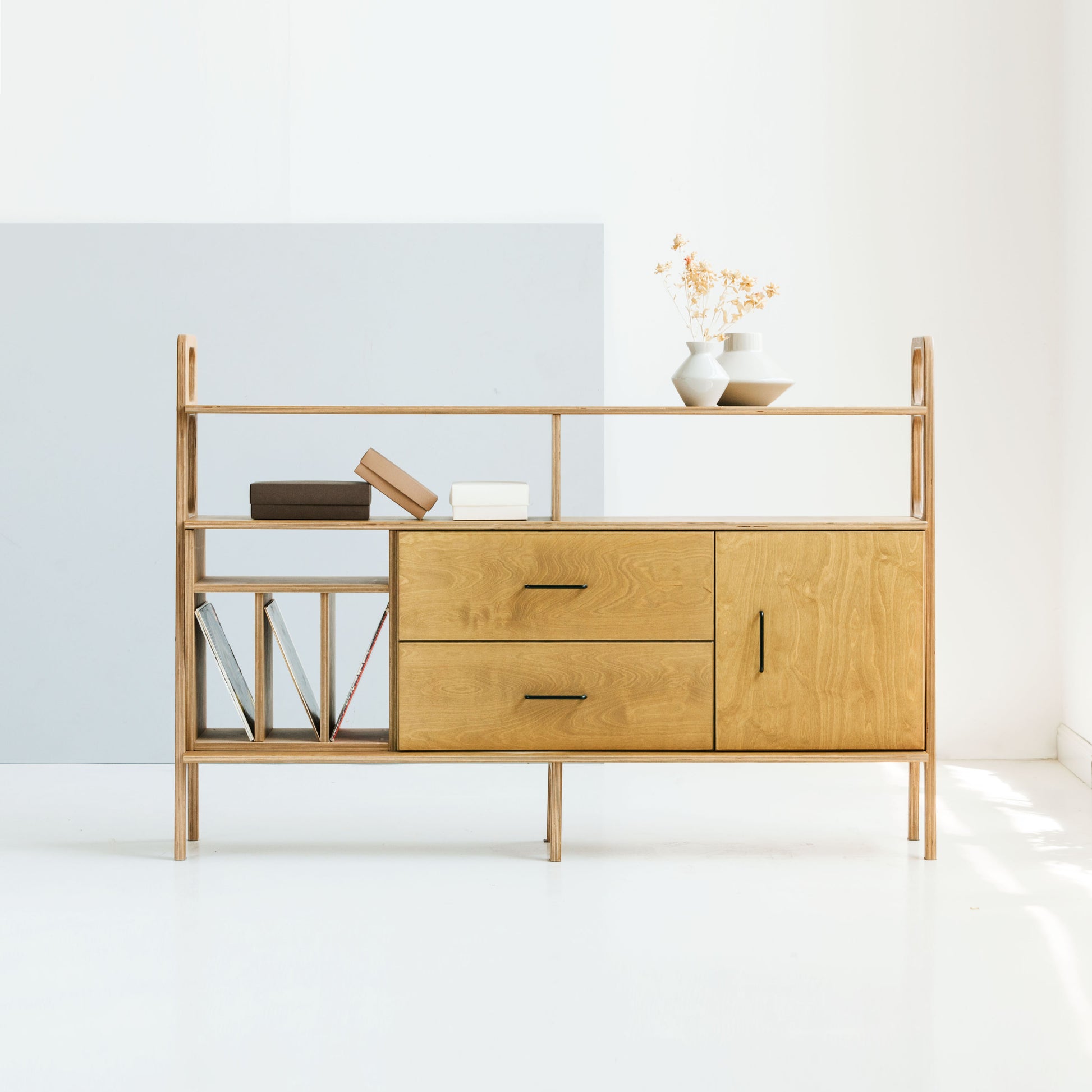 mid-century-modern-wooden-sideboard-oak-stain-with-cabinet-drawers-vinyl-storage