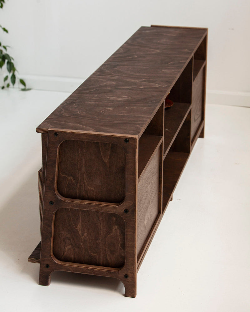 Rear and side view of mid-century TV stand showing solid wooden construction