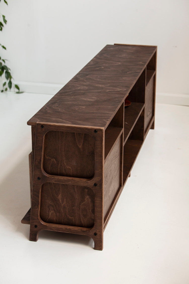 Rear and side view of mid-century TV stand showing solid wooden construction