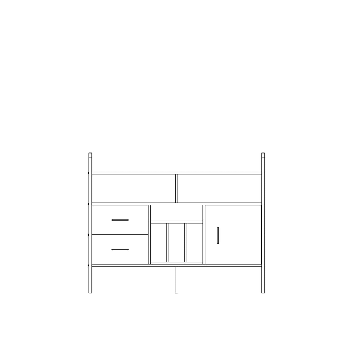 Modular wall unit in birch plywood, 11,4 x 143 cm, with open shelves and storage modules