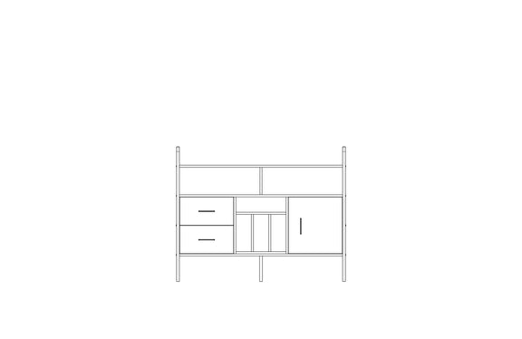 Modular wall unit in birch plywood, 11,4 x 143 cm, with open shelves and storage modules