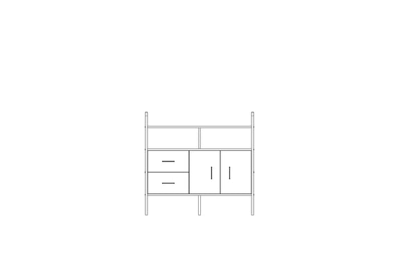 Modular wall unit in birch plywood, 114 x 120 cm, with open shelves and storage modules
