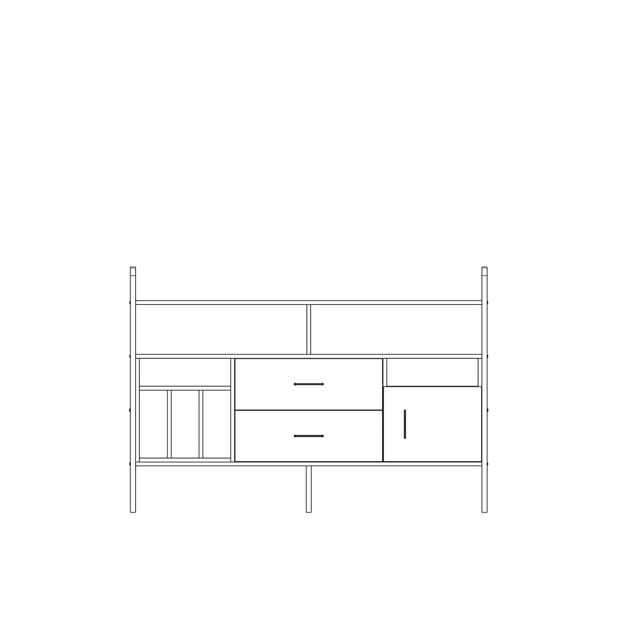 Modular wall unit in birch plywood, 114 x 166 cm, with open shelves and storage modules