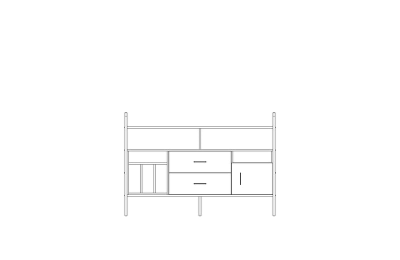 Modular wall unit in birch plywood, 114 x 166 cm, with open shelves and storage modules