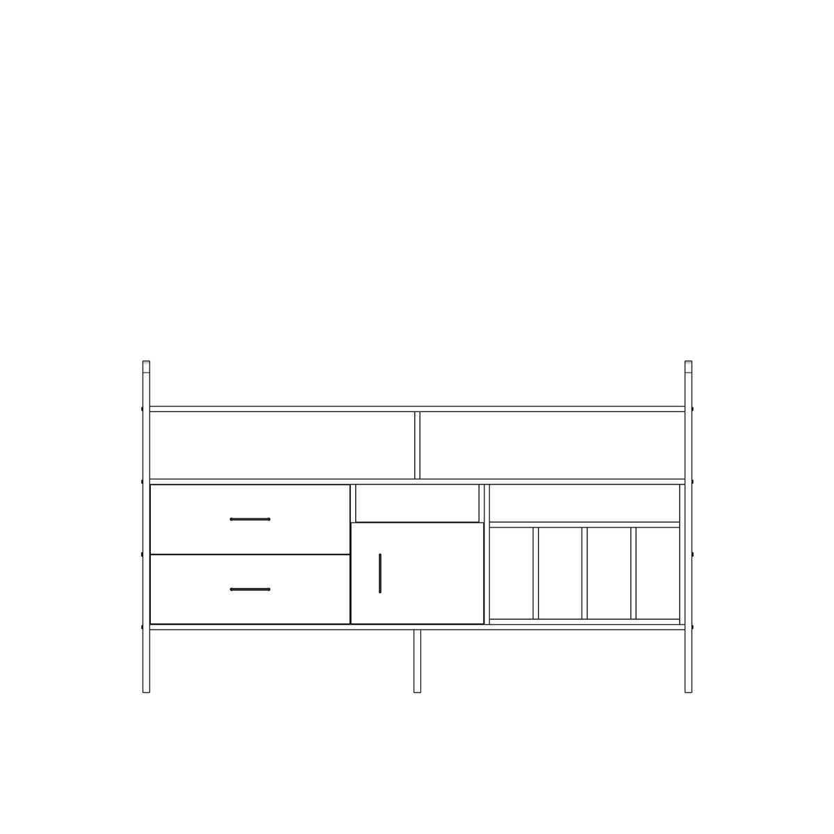 Modular wall unit in birch plywood, 114 x 189 cm, with open shelves and storage modules