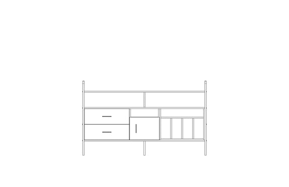 Modular wall unit in birch plywood, 114 x 189 cm, with open shelves and storage modules