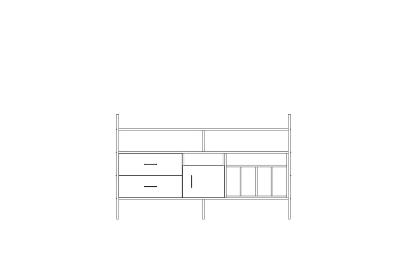 Modular wall unit in birch plywood, 114 x 189 cm, with open shelves and storage modules