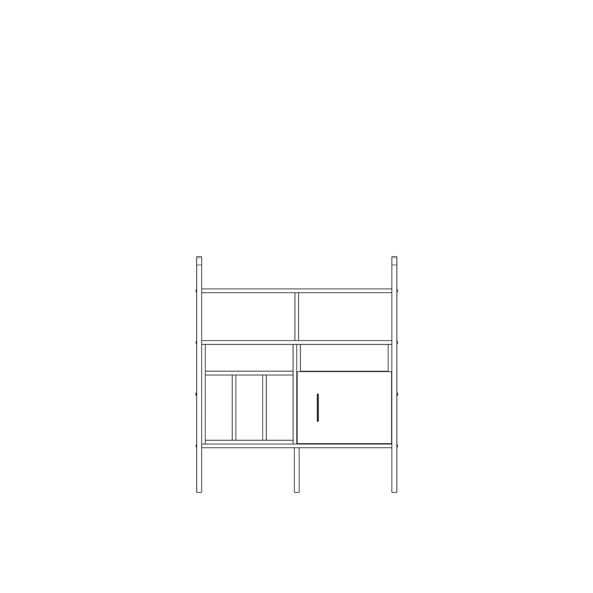 Modular wall unit in birch plywood, 114 x 97 cm, with open shelves and storage modules