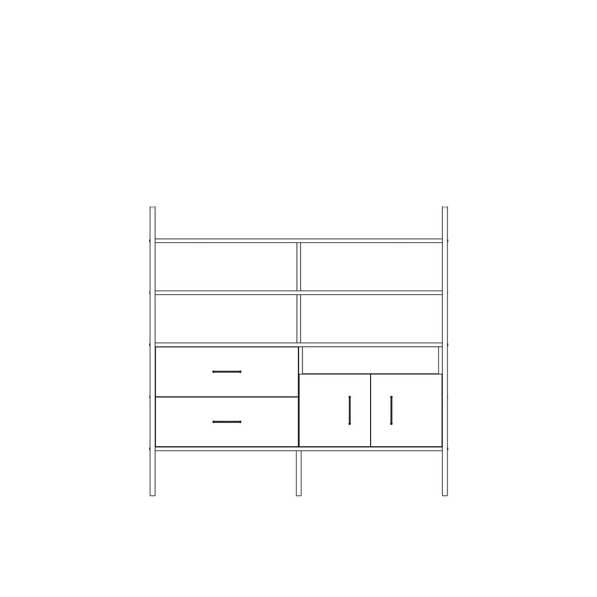 Modular wall unit in birch plywood, 14 x 143 cm, with open shelves and storage modules
