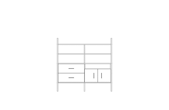 Modular wall unit in birch plywood, 14 x 143 cm, with open shelves and storage modules