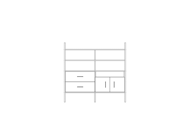 Modular wall unit in birch plywood, 14 x 143 cm, with open shelves and storage modules