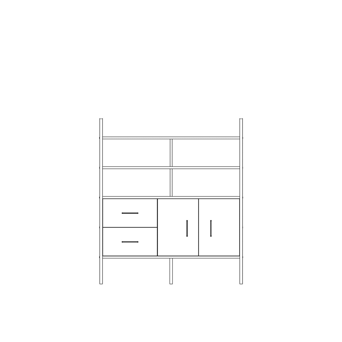 Modular wall unit in birch plywood, 140 x 120 cm, with open shelves and storage modules