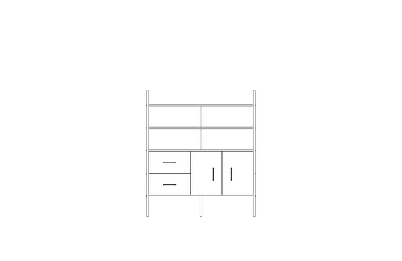 Modular wall unit in birch plywood, 140 x 120 cm, with open shelves and storage modules