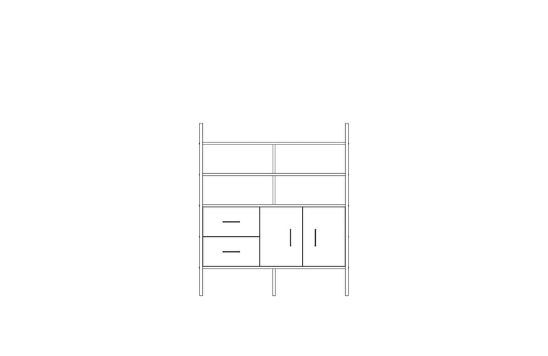 Modular wall unit in birch plywood, 140 x 120 cm, with open shelves and storage modules