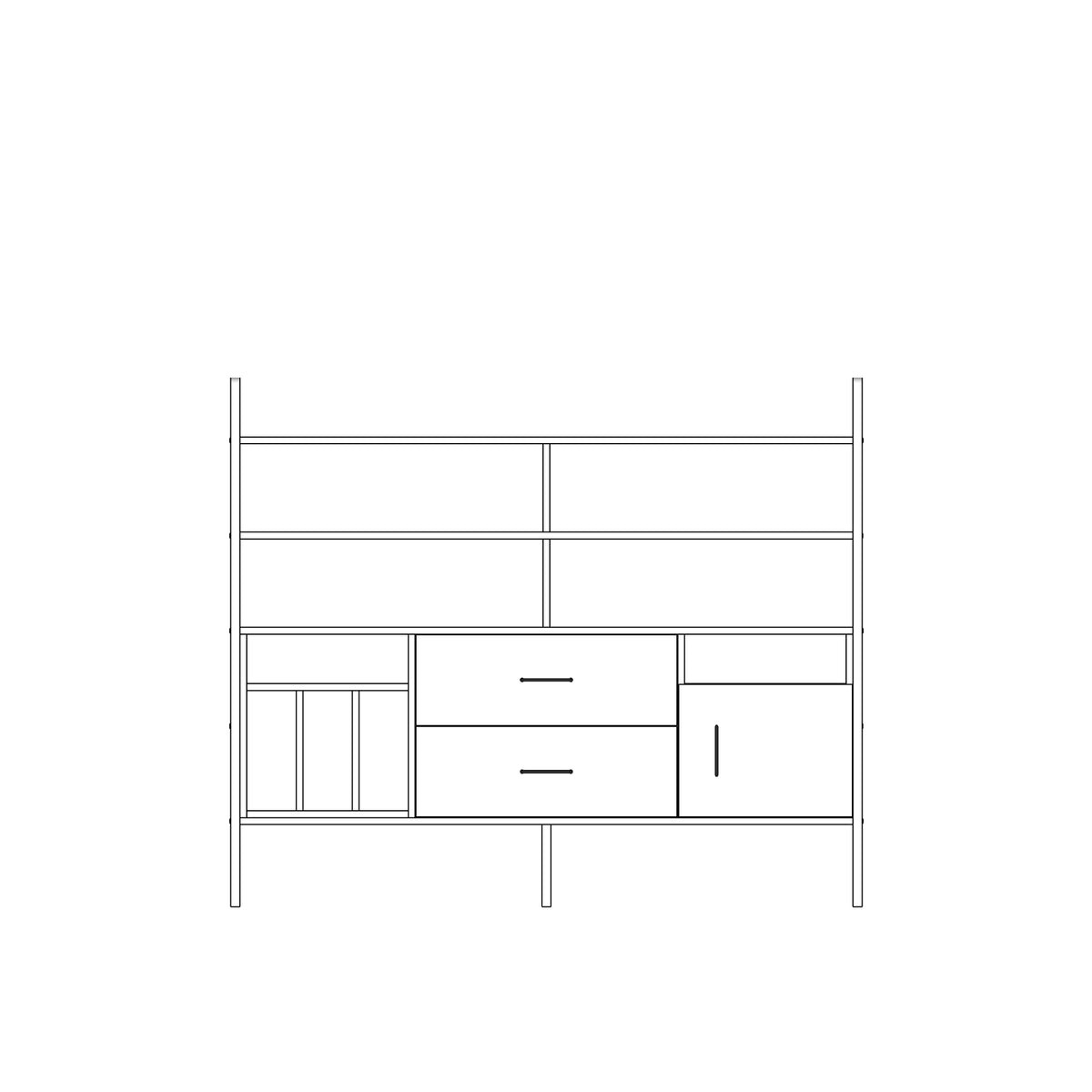 Modular wall unit in birch plywood, 140 x 166 cm, with open shelves and storage modules