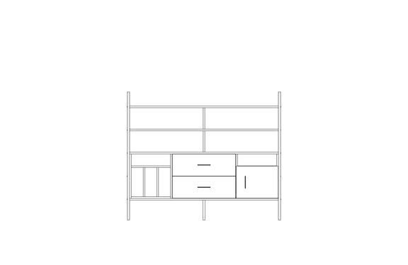 Modular wall unit in birch plywood, 140 x 166 cm, with open shelves and storage modules