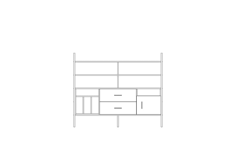 Modular wall unit in birch plywood, 140 x 166 cm, with open shelves and storage modules