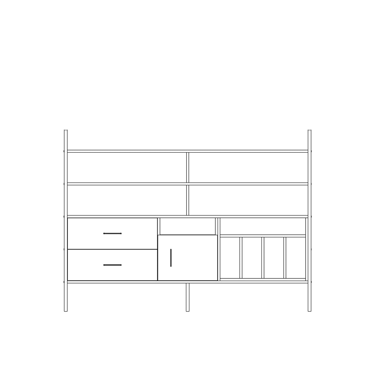 Modular wall unit in birch plywood, 140 x 189 cm, with open shelves and storage modules