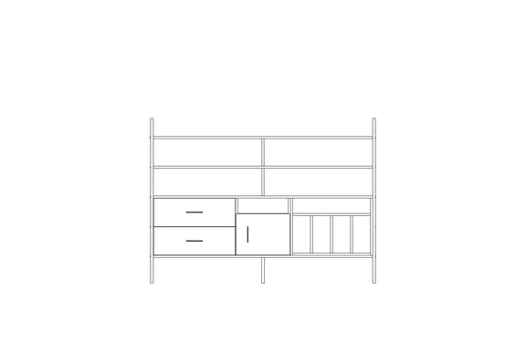 Modular wall unit in birch plywood, 140 x 189 cm, with open shelves and storage modules