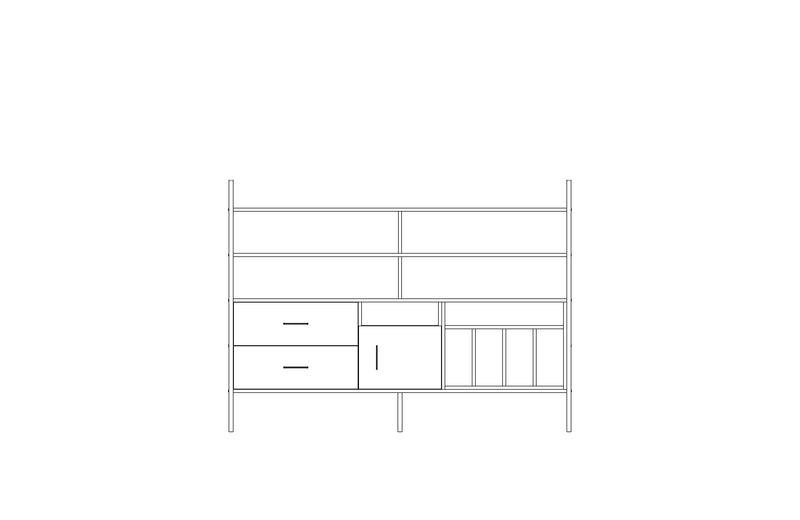 Modular wall unit in birch plywood, 140 x 189 cm, with open shelves and storage modules