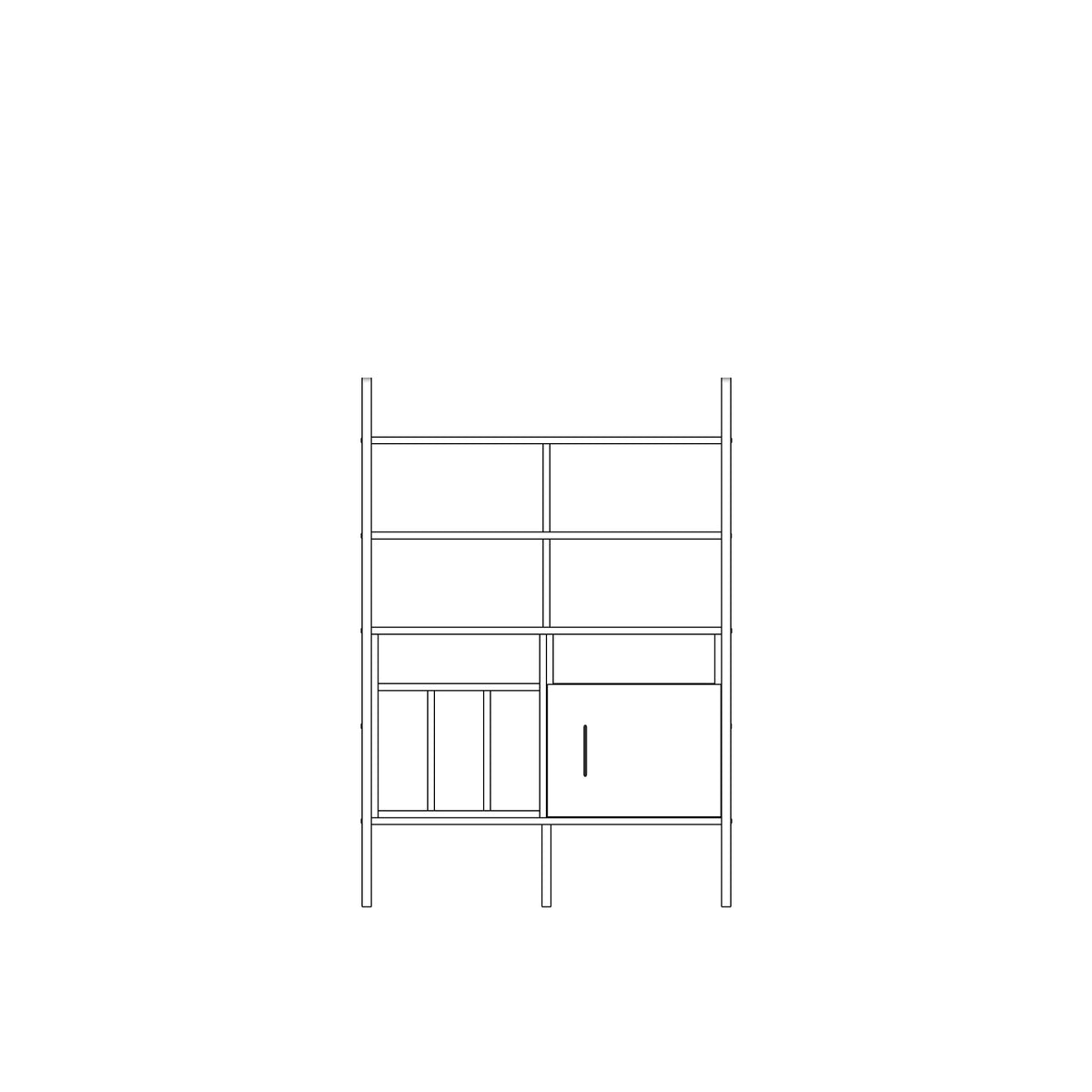Modular wall unit in birch plywood, 140 x 97 cm, with open shelves and storage modules