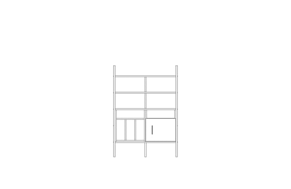 Modular wall unit in birch plywood, 140 x 97 cm, with open shelves and storage modules