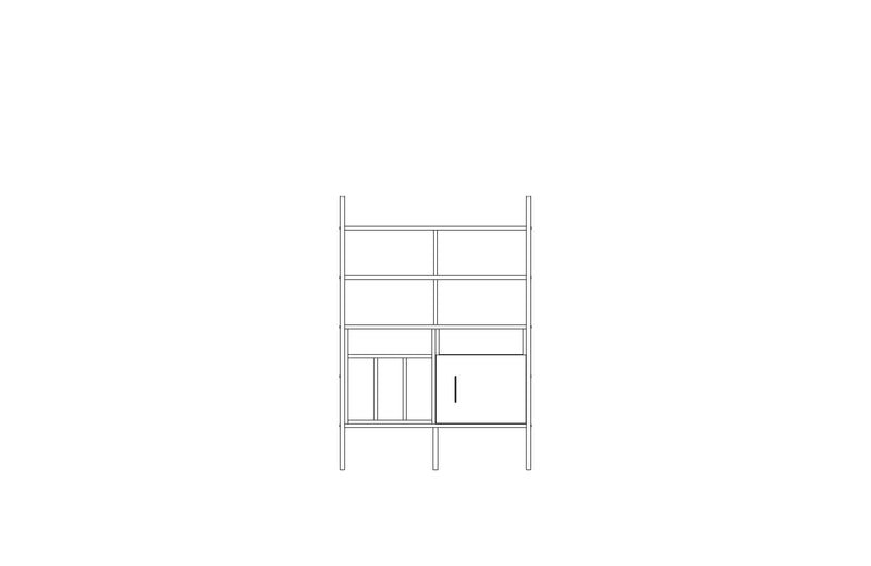 Modular wall unit in birch plywood, 140 x 97 cm, with open shelves and storage modules