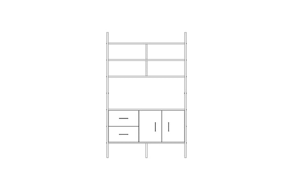 Modular wall unit in birch plywood, 190 x 120 cm, with open shelves and storage modules