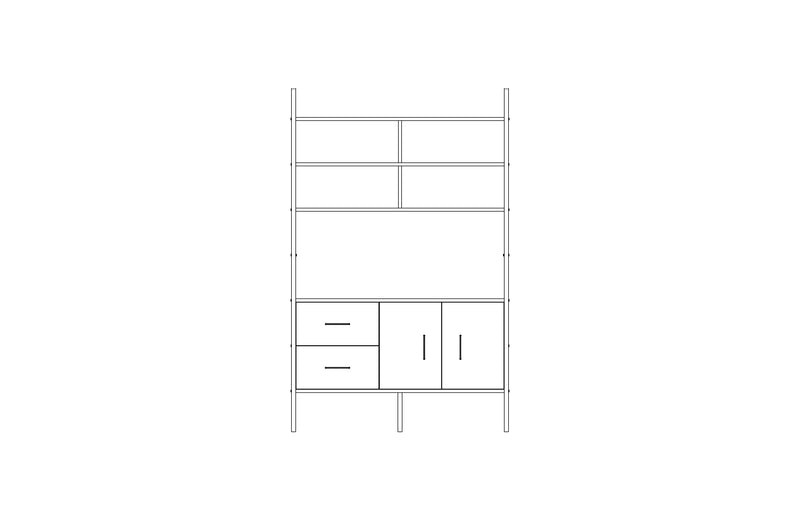 Modular wall unit in birch plywood, 190 x 120 cm, with open shelves and storage modules